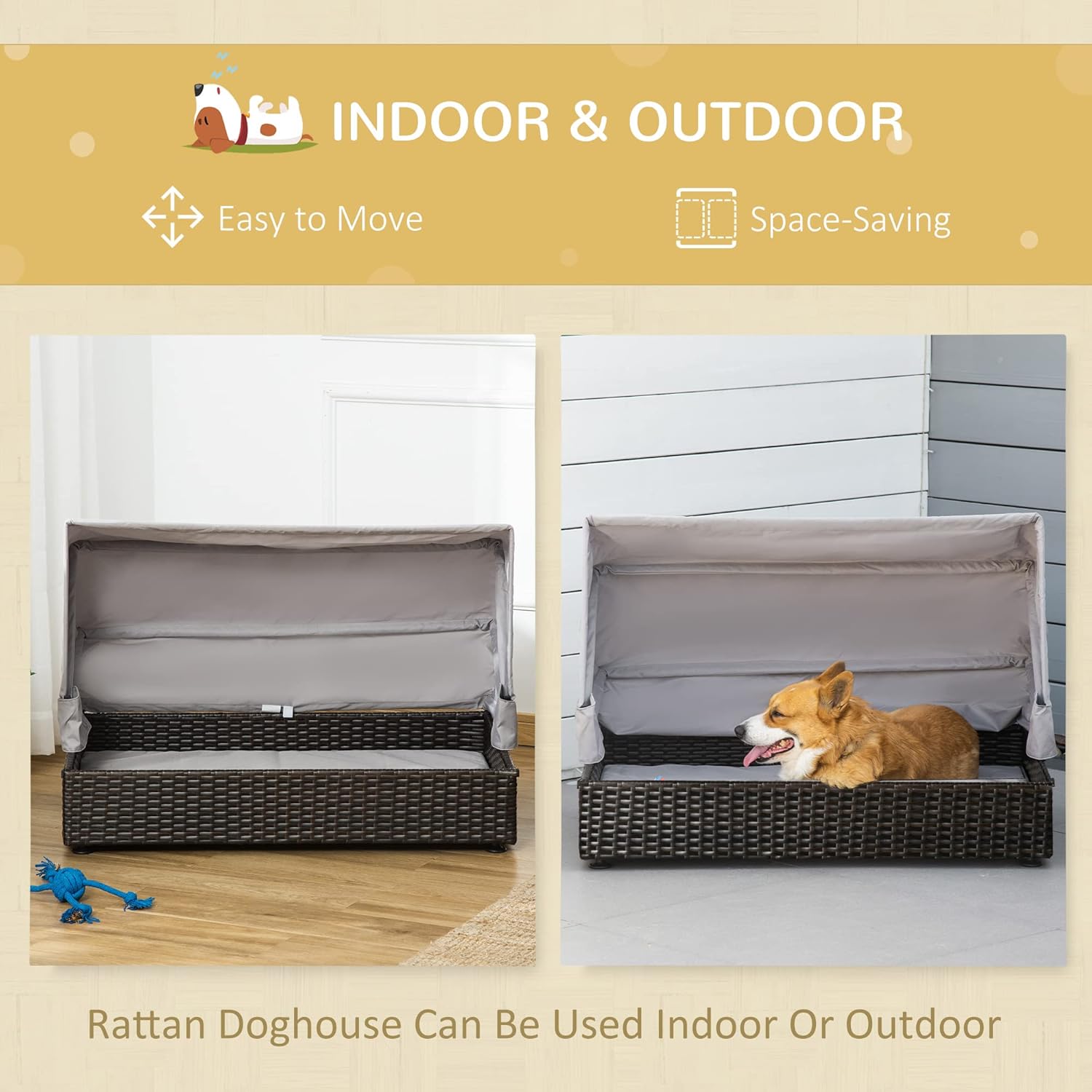 Rattan Dog Bed Elevated Pet Sofa with Foldable Canopy Z389902