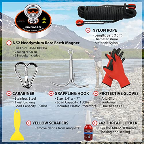 FINDMAG Magnet Fishing Kit with Case 1000 LBS Neodymium Round Magnet D111