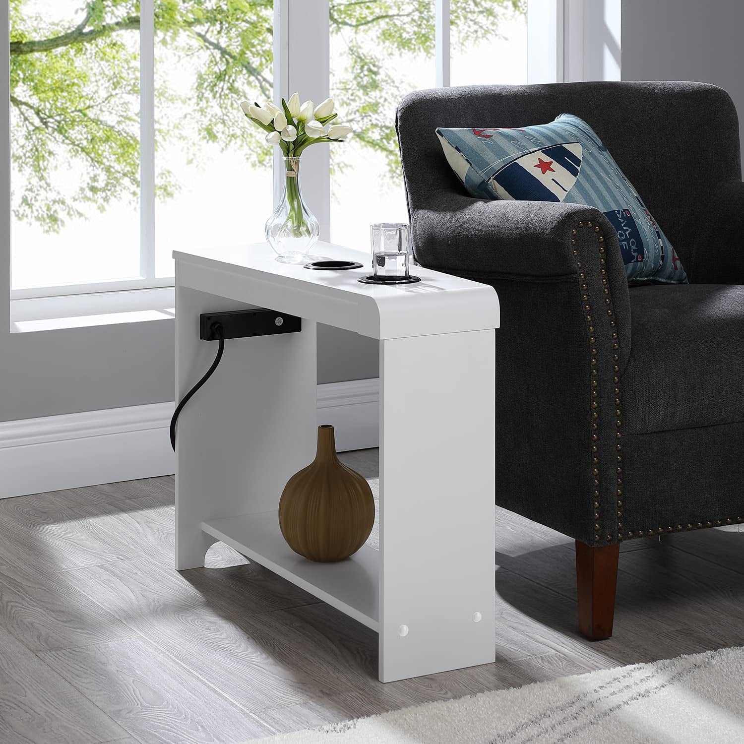 End Table with Charging Station for Living Room, USB Ports & Outlets, Narrow Side Table, Chair Side Table Nightstand, Bedside Table, Slim Sofa End Table for Small Spaces