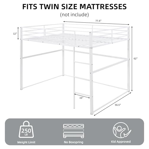 Metal Loft Bed Frame Twin Size with Safety Guard Rails & Built-in Ladder, Black C7852