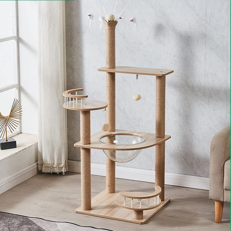 Wooden Large Cat Tree Floor to Ceiling Cat Tower Height Adjustable， Floor to Ceiling cat Tree ， Space Capsule, Natural Sisal Rope Scratching Post, Cozy Bed (S)