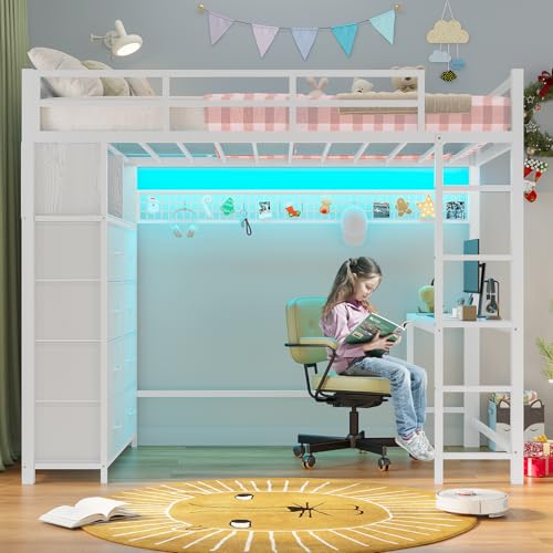 ADORNEVE Twin Size Loft Bed with Desk, LED Lights & Charging Station, White N63088