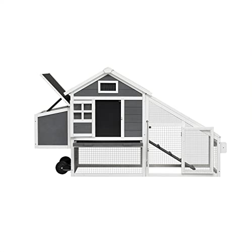 Movable Chicken Coop with Wheels for 4-6 Chickens, Outdoor Wooden Hen House with Run and Nesting Box I1743