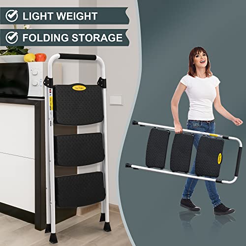 SocTone 3 Step Ladder, Folding Step Stool for Adults with Handle, 500lbs Capacity, White H81610