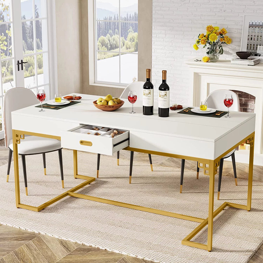 RUNFAYBIU 63 Inches Dining Table for 4 to 6  Rectangular Kitchen Table with 2 Drawers  Modern Dinner Table with Gold Metal Frame for Dining Room  Kitchen  White &amp; Gold