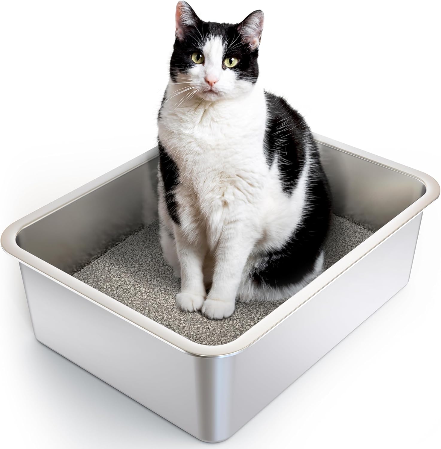 Stainless Steel Litter Box - Large & Premium Metal Litter Box with Smooth Corners - Non Stick Steel Litter Box for Easy Cleaning & Odor Free - High Sides with 4 Non-Slip Pads