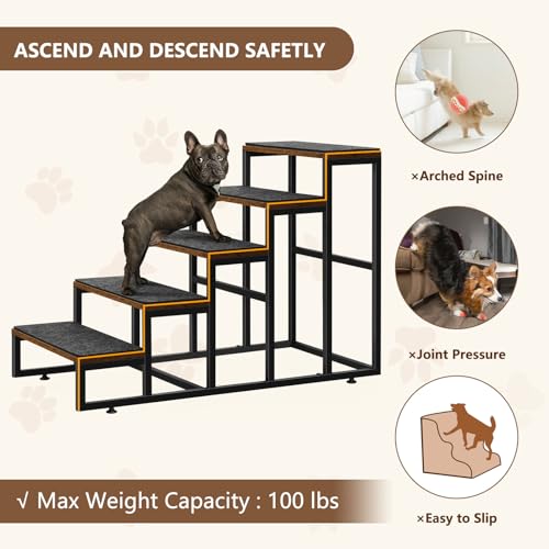 Dog Stairs Grey 5 Tier Pet Steps for High Beds, Small to Large Dogs and Cats D879