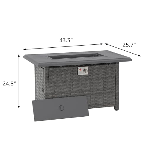 SUNSITT Outdoor Fire Pit Table 43 Inch Wicker Propane with Aluminum Tabletop, Taupe F2263