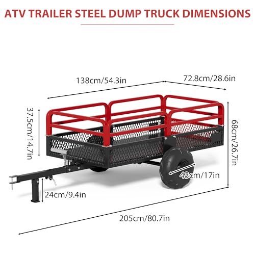 ATV Trailer Steel Dump Cart, Heavy Duty 1500lbs Utility Trailer with Removable Sides N365