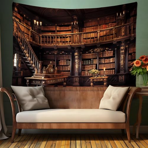 QGHOT Medieval Bookshelf Tapestry Vintage Library Wall Hanging P36533