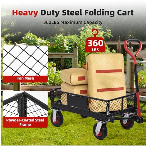Steel Garden Dump Cart 880lbs, Heavy Duty Utility Wagon with Removable Mesh Sides Q536