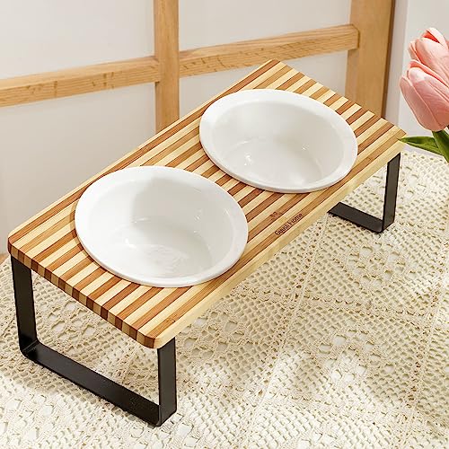 Sunhoo Ceramic Elevated Cat Bowls with Bamboo Stand, Raised Double Dish for Food and Water Z263