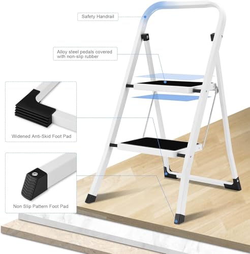 Soctone 2 Step Folding Ladder with Anti-Slip Pedal and Handrails, White V202
