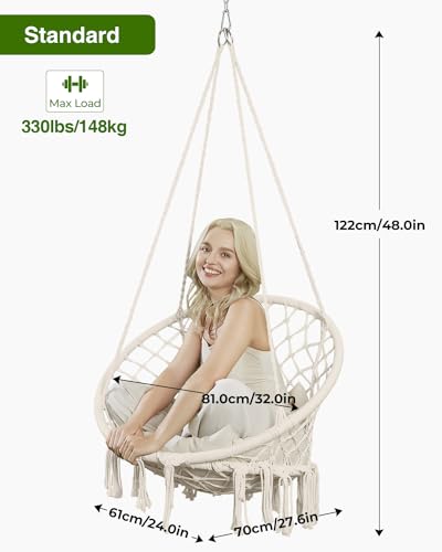 Greenstell Hammock Chair, Macrame Swing Chair with Cushion, Indoor & Outdoor, Beige G7957