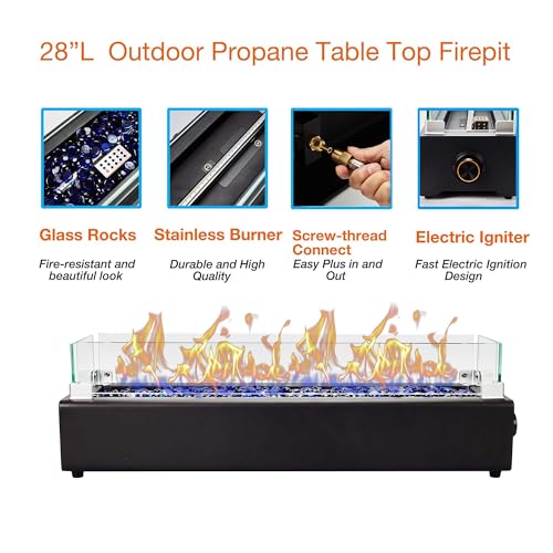 28-inch Table Top Propane Fire Pit with Wind Glass Shield, Black X28414