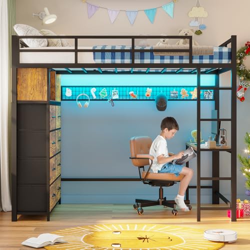 ADORNEVE Twin Size Loft Bed with Desk, LED Lights & Charging Station, White N63088