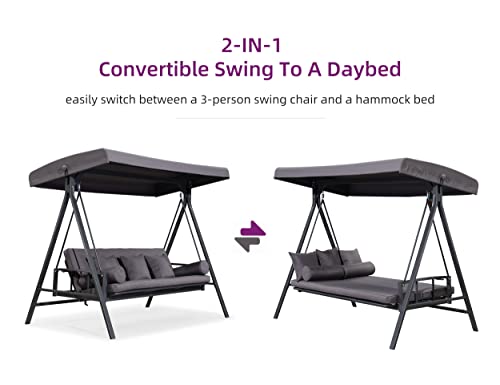 PURPLE LEAF Outdoor Patio Porch Swing with Adjustable Canopy, 3-Seat Bench, Grey W393