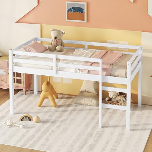 Twin Size Low Loft Bed with Ladder and Safety Guardrail, Solid Wood, White D5235
