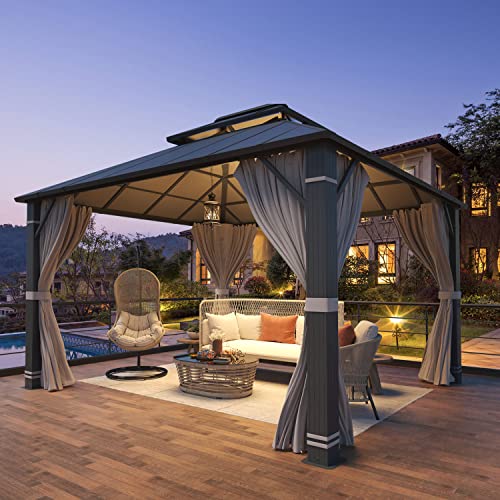 YOLENY 10' x 12' Hardtop Gazebo with Galvanized Steel Double Roof, Netting and Curtains Y84317
