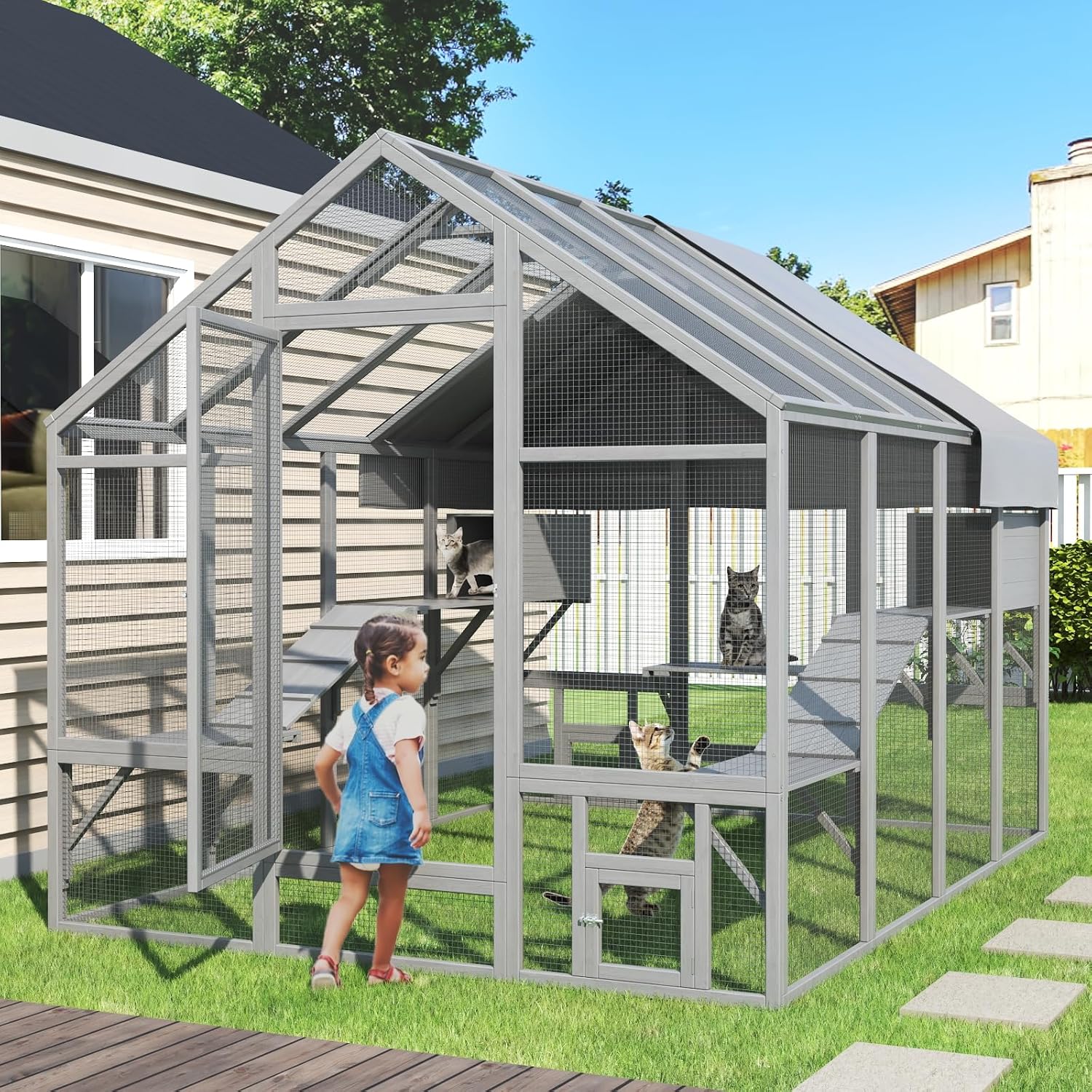 Large Cat Catio, Catio Outdoor Cat Enclosure for Multiple Cats with 7 Platforms, 2 Resting Box and 2 Bridges, Wooden Feral Cat Shelter with Waterproof and UV Proof Canopy, 71 x 71 x 97 inch