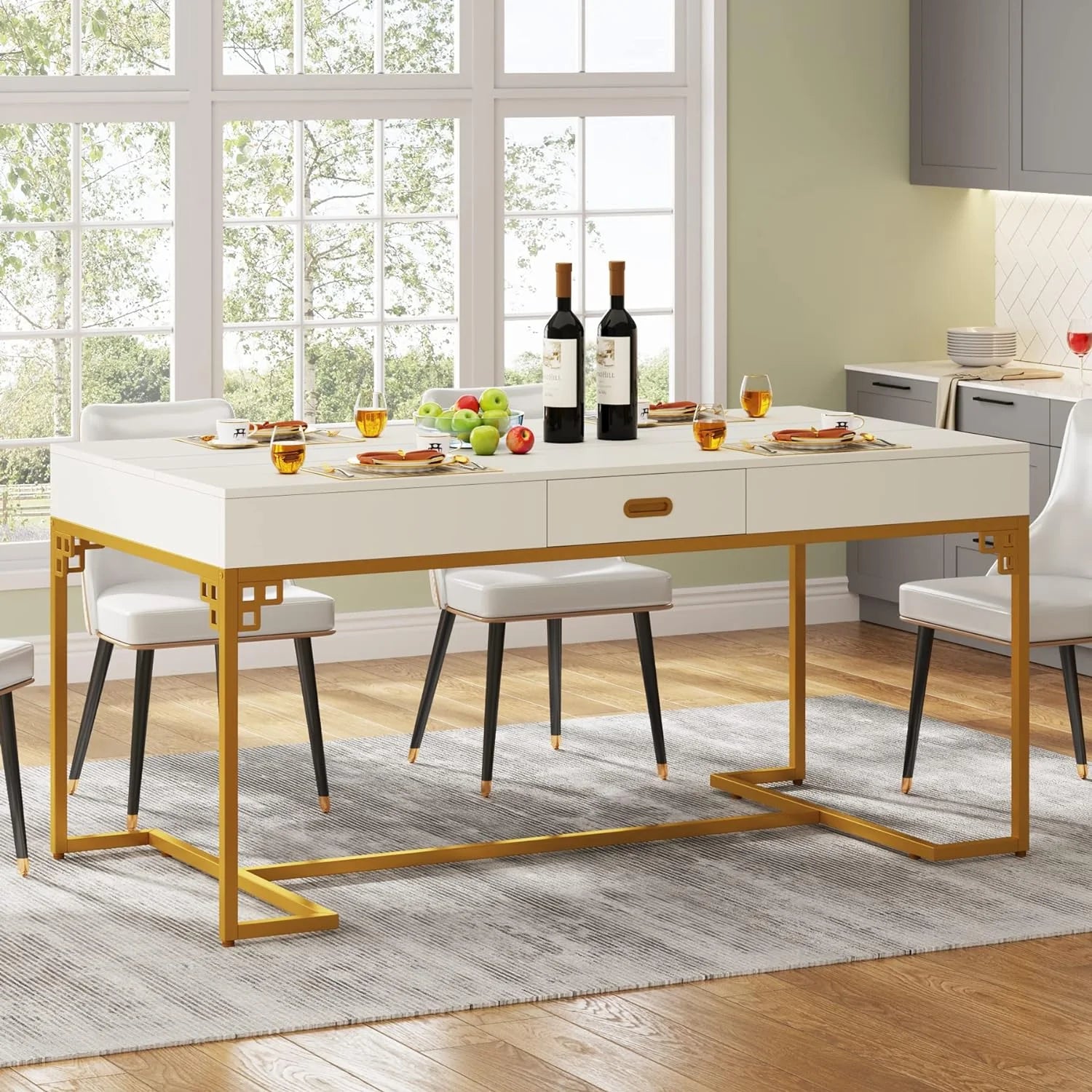 RUNFAYBIU 63 Inch Rectangular Dining Table with 2 Drawers, White & Gold I877577