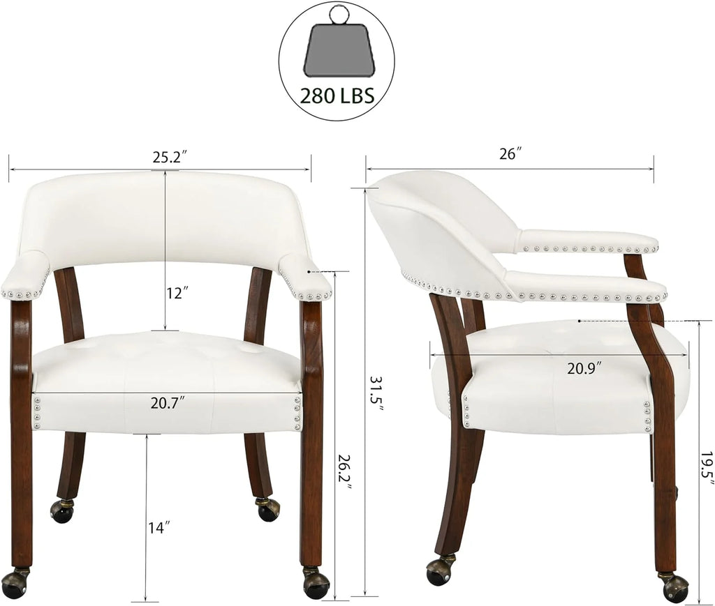 Solid Wood Dining Chairs with Casters and Arms, Cherry Legs & Ivory PU, SY-1533-WT I6969