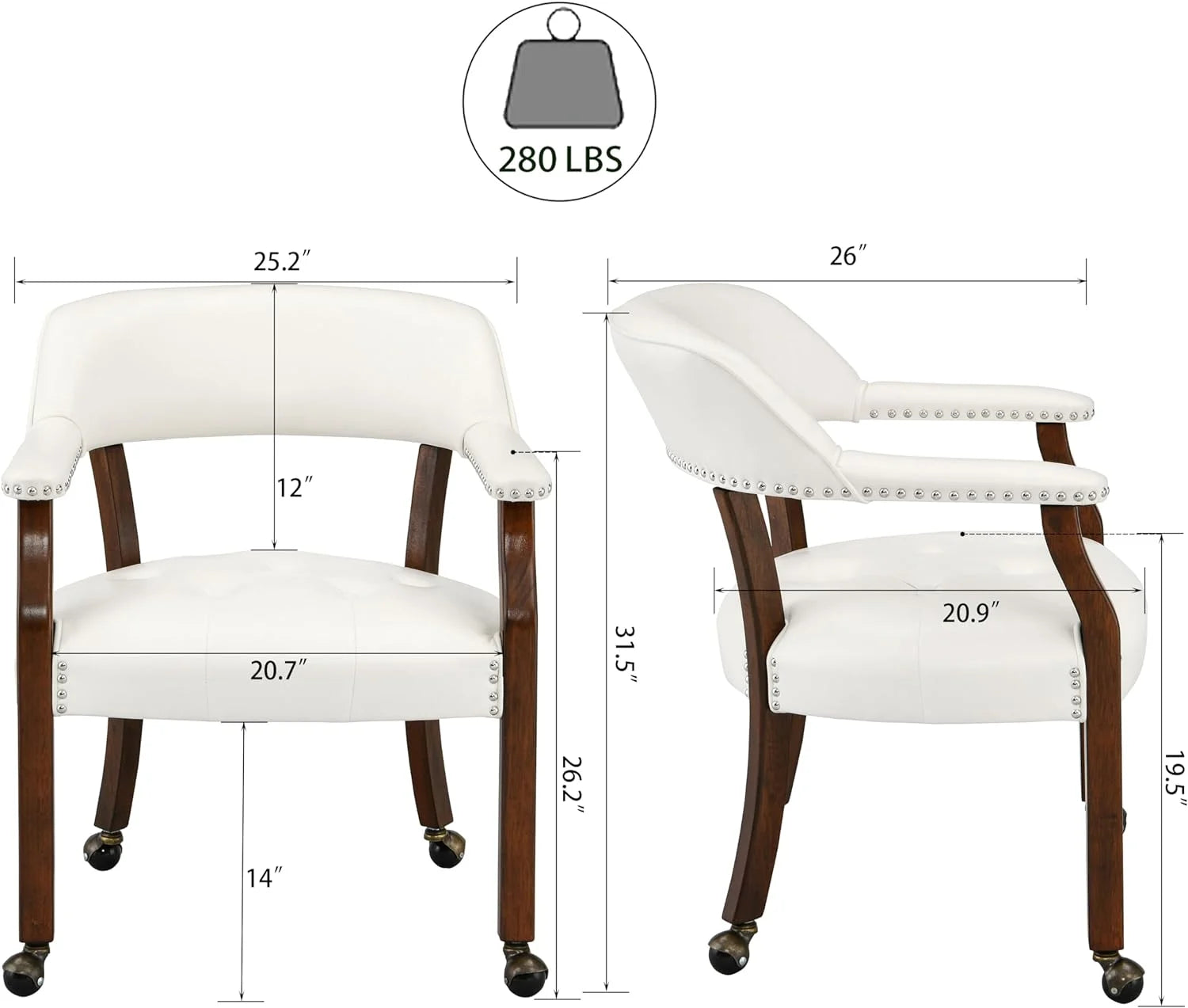 Solid Wood Dining Chairs with Casters and Arms, Cherry Legs & Ivory PU, SY-1533-WT I6969