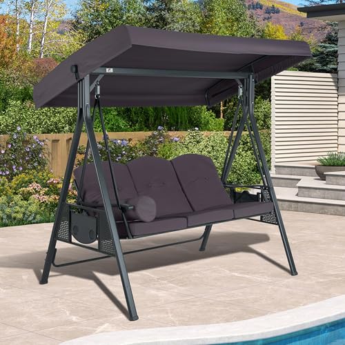 PURPLE LEAF Outdoor Patio Porch Swing with Adjustable Canopy, 3-Seat Bench, Grey W393