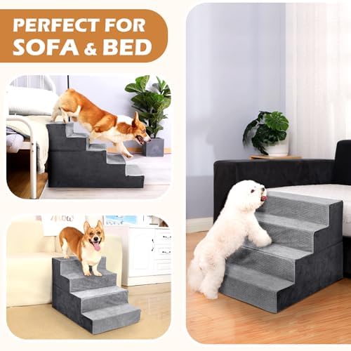 Heeyoo Dog Stairs for Small Dogs, 5-Step Foam Pet Steps for High Bed and Couch, Grey U471171