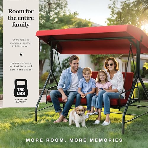 Burgundy 3-Seat Porch Swing with Canopy and Cushions O874281