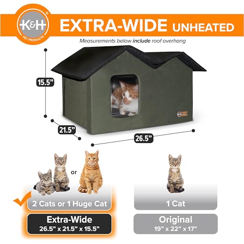 K&H Pet Products Extra-Wide Heated Outdoor Cat House, Weatherproof Insulated Shelter, 2 Doors, Olive G573