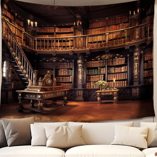 QGHOT Medieval Bookshelf Tapestry Vintage Library Wall Hanging P36533