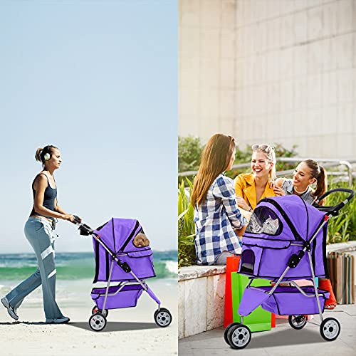 3 Wheels Pet Stroller for Dog Cat, Lightweight Foldable Jogger with Cup Holders, Pink K1046