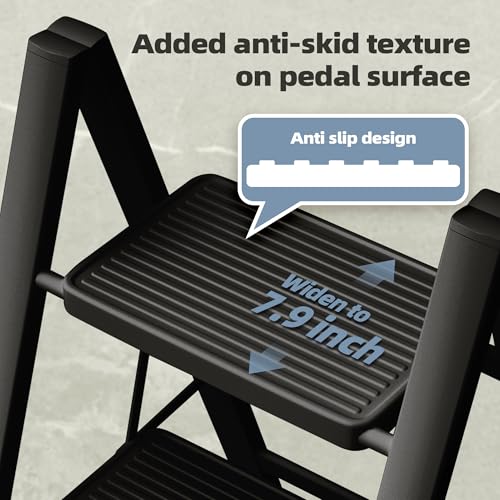 4 Step Ladder, Anti-Slip Wide Pedal, 330lbs Capacity Steel Folding Ladder (Black) S8007