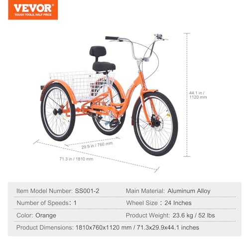 VEVOR Adult Tricycle 24 Inch 3-Wheel Aluminum Cruiser Bike with Basket, Orange B178