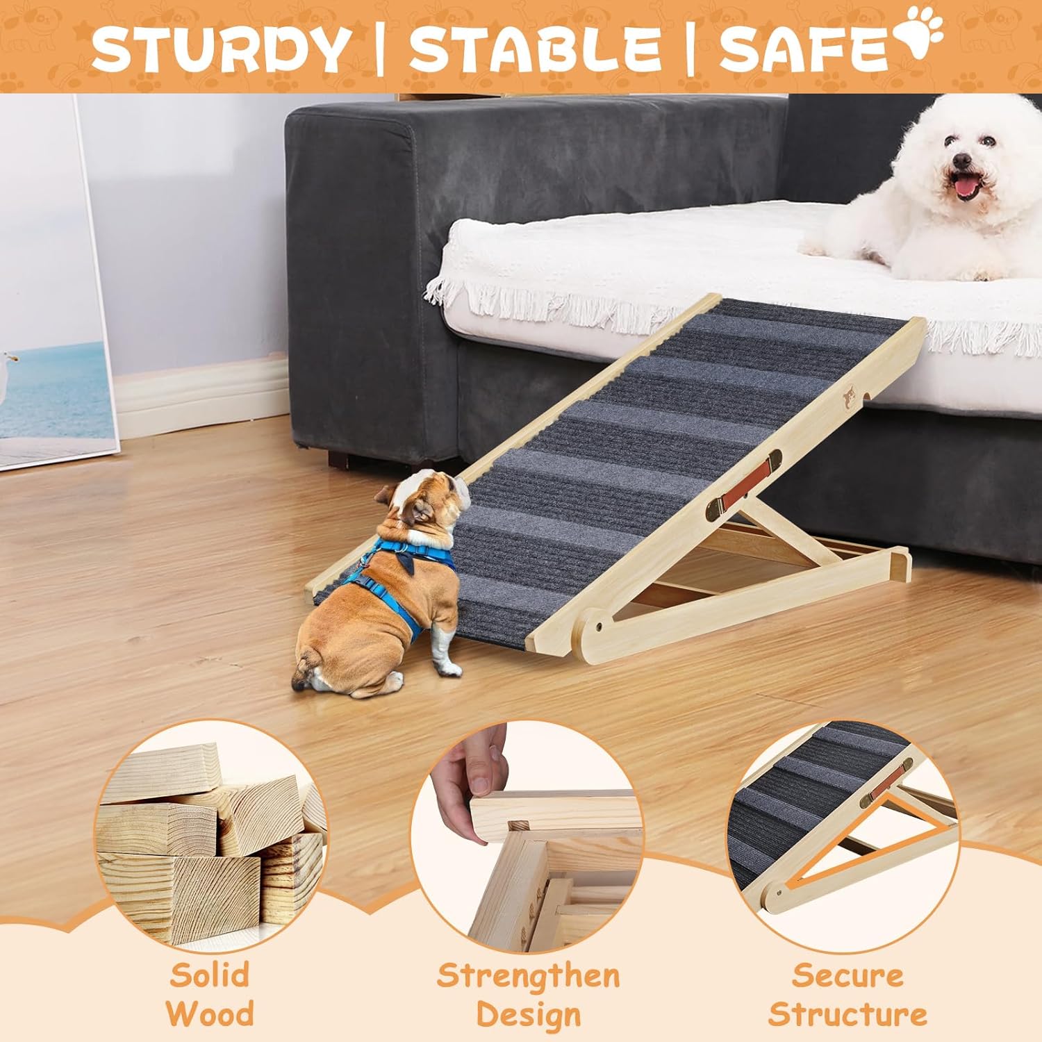 Folding Wooden Dog Ramp for Bed, Car, Couch, Adjustable Height, Supports 200lbs U10438