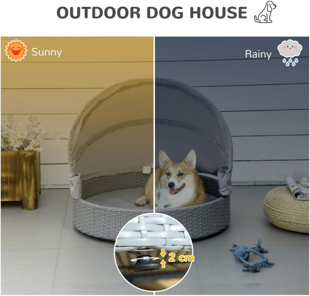 Wicker Dog Bed Rattan Pet Sofa with Adjustable Canopy and Cushion, Grey V581