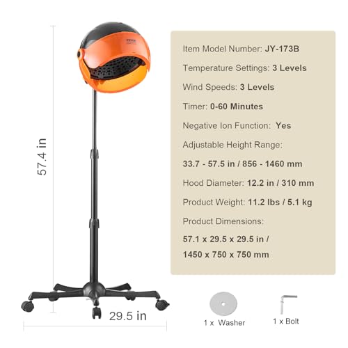 VEVOR Hooded Hair Dryer with Variable Speed, Temperature, and Timer H50563
