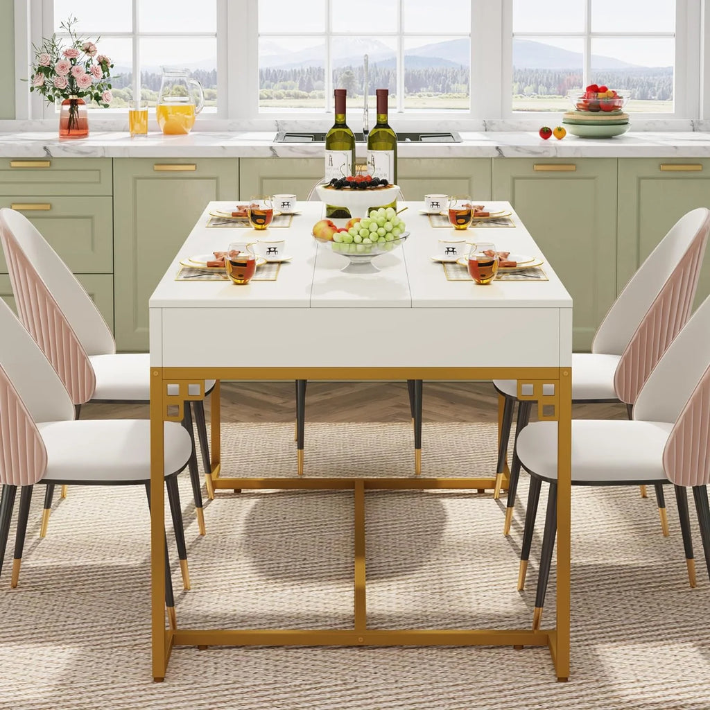 RUNFAYBIU 63 Inch Rectangular Dining Table with 2 Drawers, White & Gold I877577