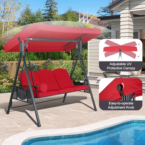 PURPLE LEAF Outdoor Patio Porch Swing with Adjustable Canopy, 3-Seat Bench, Grey W393