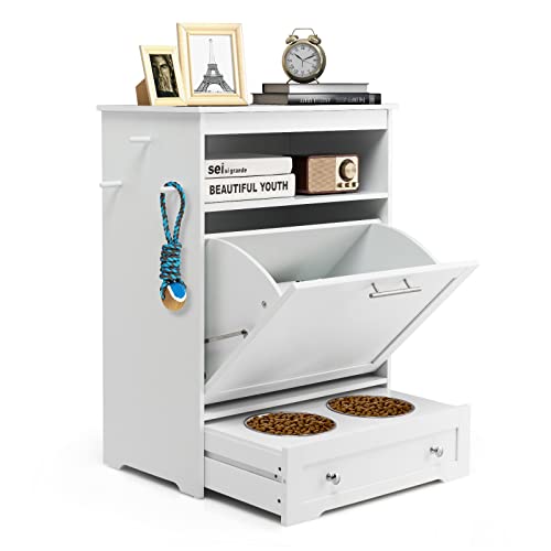 Dog Feeding Station Dog Food Storage Cabinet with 2 Raised Dog Bowls, Dog Food Storage Container, Pull Out Elevated Dog Bowls for Water and Feeding Supplies, Pet Toy Storage Organizer,White