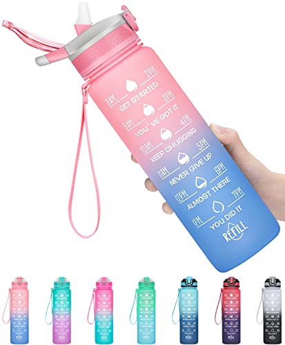 32oz Leakproof Motivational Sports Water Bottle with Straw & Time Marker, Flip Top Durable BPA Free Non-Toxic Frosted Bottle Perfect for Office, School, Gym and Workout