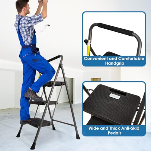 GOLYTON 2 Step Ladder Lightweight Folding Step Stool with Anti-Slip Pedal, Grey A53071