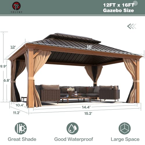 YOLENY 10' x 12' Hardtop Gazebo with Galvanized Steel Double Roof, Netting and Curtains Y84317