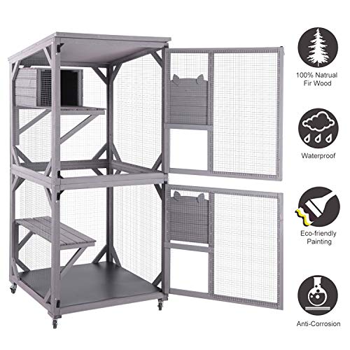 Aivituvin Outdoor Catio Wooden Large Enclosure with Wheels, Waterproof Roof Grey F897658