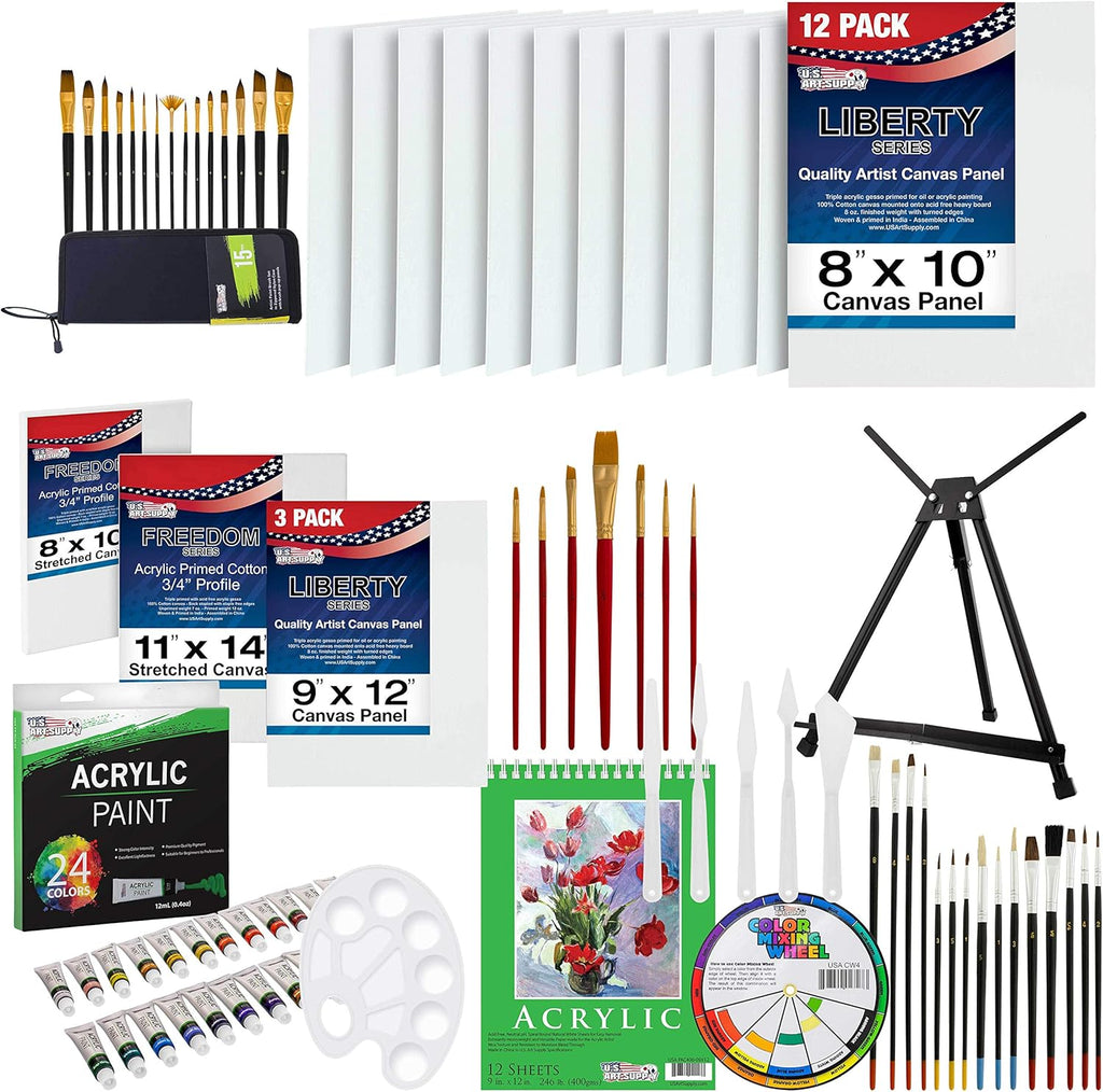 U.S Art Supply 87-Piece Deluxe Acrylic Painting Set with Aluminum Tabletop Easel, 24 Acrylic Colors, Acrylic Painting Pad, Stretched & Canvas Panels, Brushes & Palette Knives