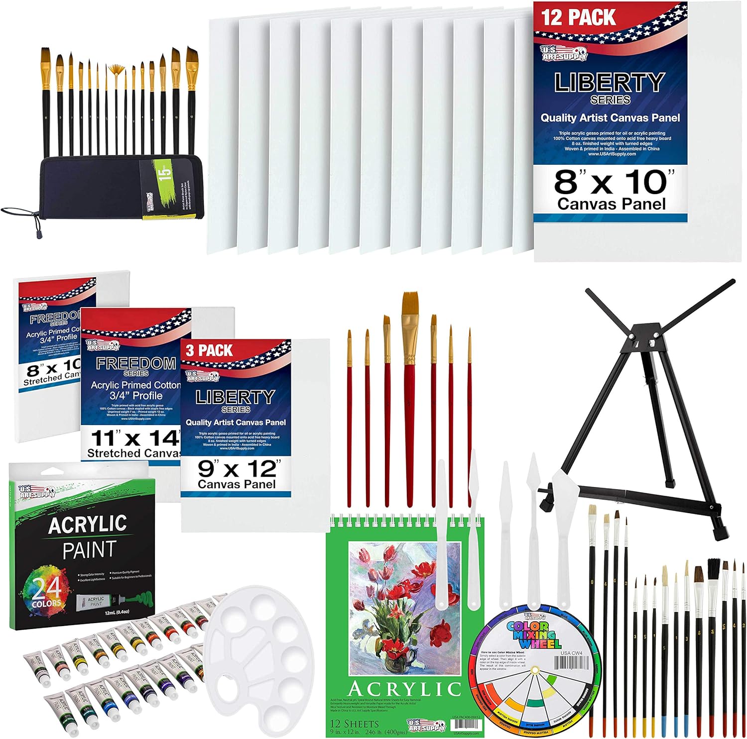 U.S Art Supply 87-Piece Deluxe Acrylic Painting Set with Aluminum Tabletop Easel, 24 Acrylic Colors, Acrylic Painting Pad, Stretched & Canvas Panels, Brushes & Palette Knives