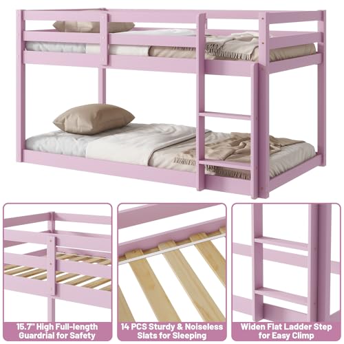 Twin Over Twin Wood Bunk Bed with Ladder and Guardrails for Kids P604