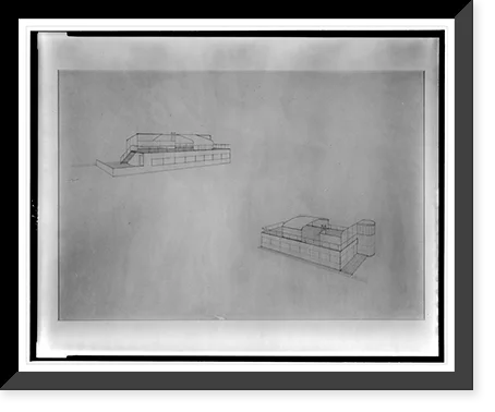 Historic Framed Print, [Nucleus House. Exterior showing different screening and canopy systems for roof terrace with furniture. Perspective projection. Rendering], 17-7/8" x 21-7/8"