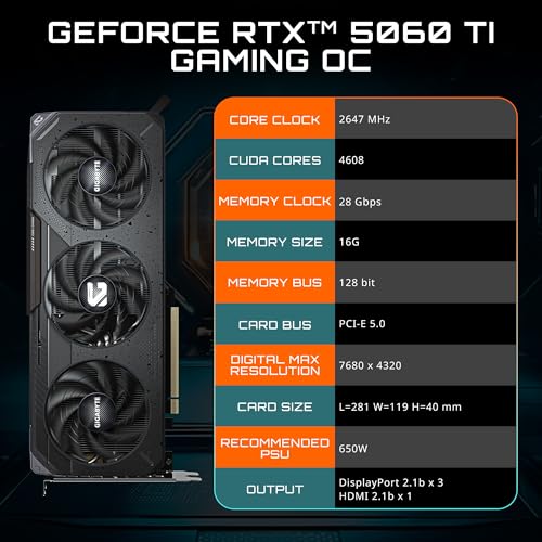 GIGABYTE GeForce RTX 5060 Ti Gaming OC 16G Graphics Card, 16GB GDDR7, WINDFORCE Cooling I122